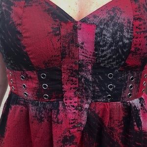 Hang 10 Red and Black Patterned Dress with Black Lace and Grommet Detail